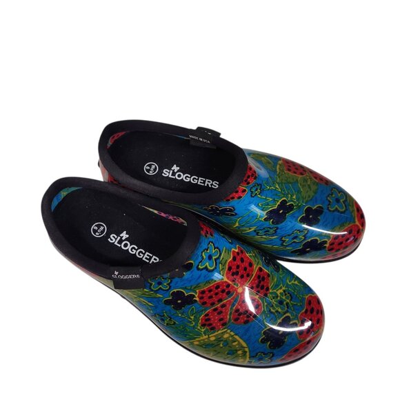 Womens Sloggers Slip On Garden Shoes Size 6 Waterproof Mule Clog Blue Red Flower - Picture 4 of 9